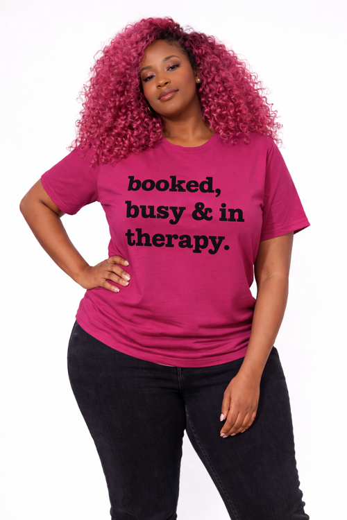 Booked, Busy & In Therapy Unisex T-Shirt - Black Writing
