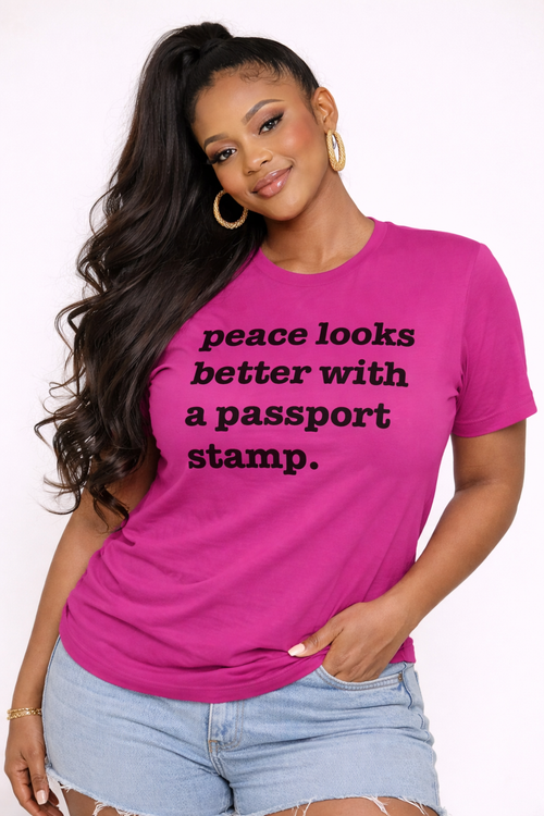 Peace Looks Better With A Passport Stamp Unisex T-Shirt - Black Writing