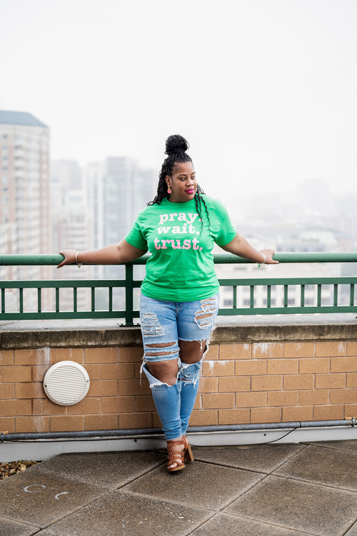 Pray. Trust. Wait. Unisex T-Shirt - Pink Writing