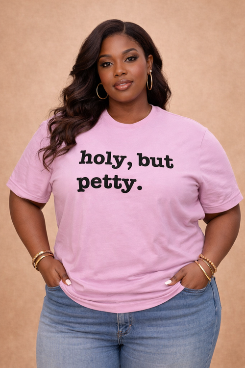 purple t-shirt with holy but petty writing