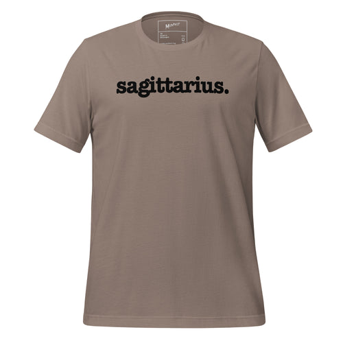A brown unisex t-shirt with the text 'SAGITTARIUS' printed in black on the front.